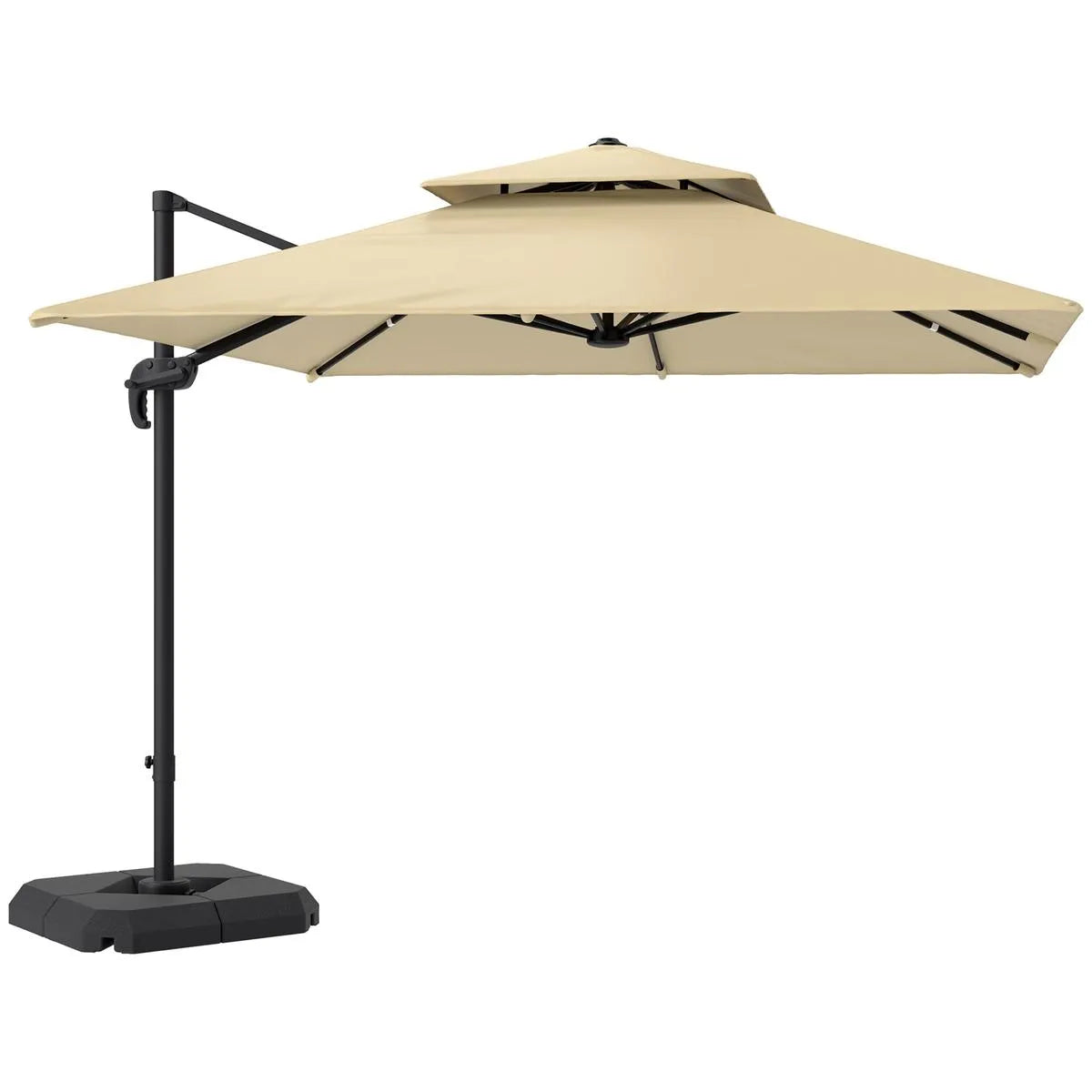 Cantilever Parasol 2.7x2.7m Aluminium Frame Crank Tilt 360° Rotation Double Top Garden Umbrella with Base and Cover, Khaki