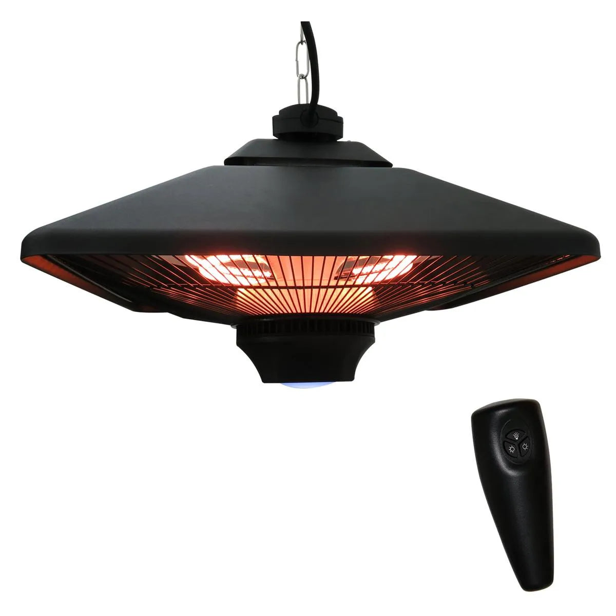 Hanging Electric Patio Heater 1000/2000W Waterproof Ceiling Mounted Aluminium Halogen Infrared Heater with LED Light Remote, Black