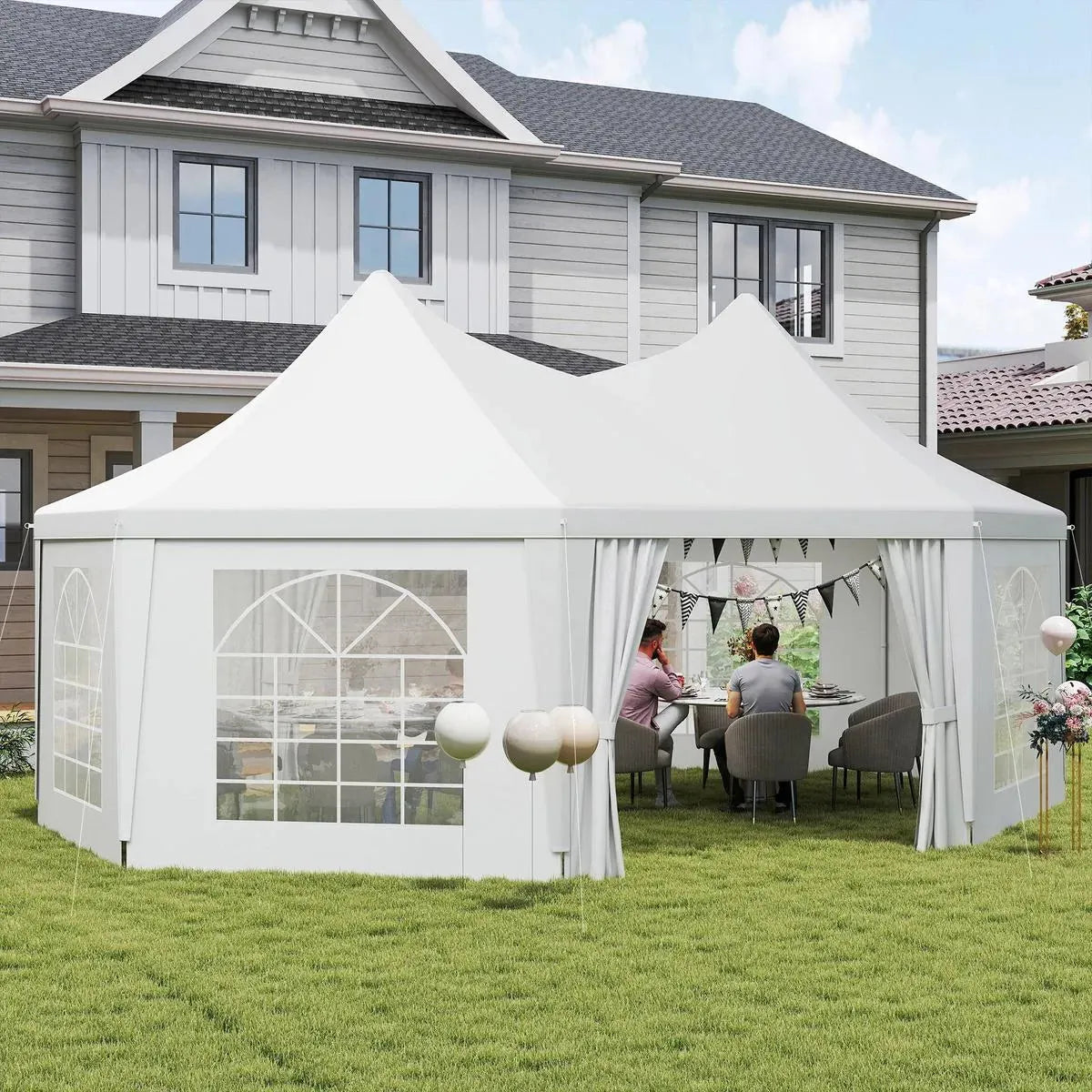 Octagonal Garden Gazebo, 8-Sided, 6.8×5 m, White Heavy Duty Metal Frame Outdoor Marquee Party & Wedding Canopy