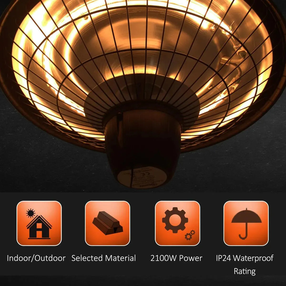 Outdoor Ceiling Mounted Halogen Electric Heater 2100W Hanging Patio Garden Warmer Light, Black