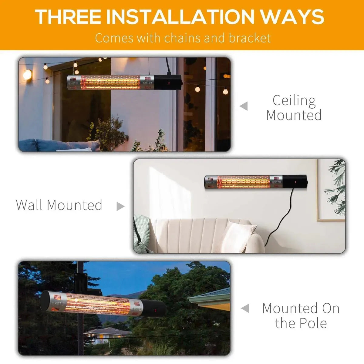 Outdoor Patio Garden Warmer 1500W Wall Mounted Electric Infrared Halogen Heater with Remote Control, Black