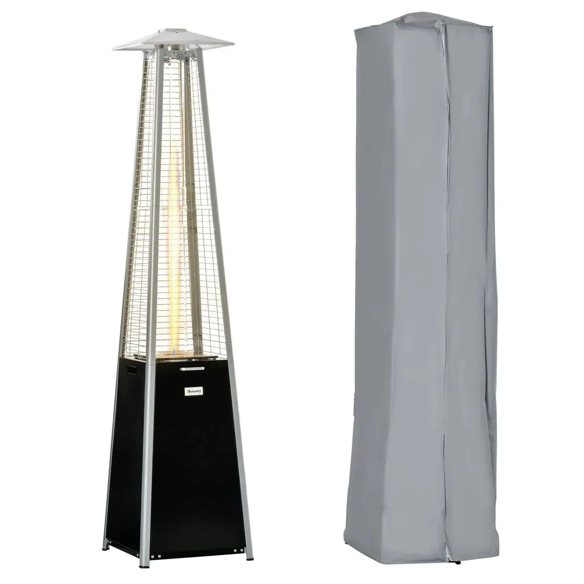 Outdoor Patio Gas Heater 11.2kW Freestanding Pyramid Propane Heater with Wheels Dust Cover Regulator Hose Black 50x50x225cm