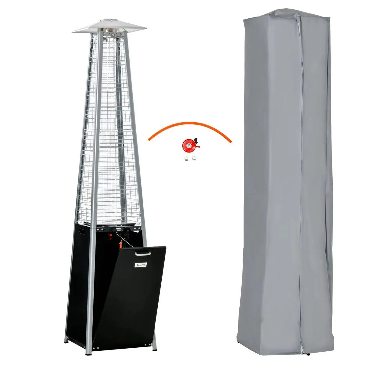 Outdoor Patio Gas Heater 11.2kW Freestanding Pyramid Propane Heater with Wheels Dust Cover Regulator Hose Black 50x50x225cm