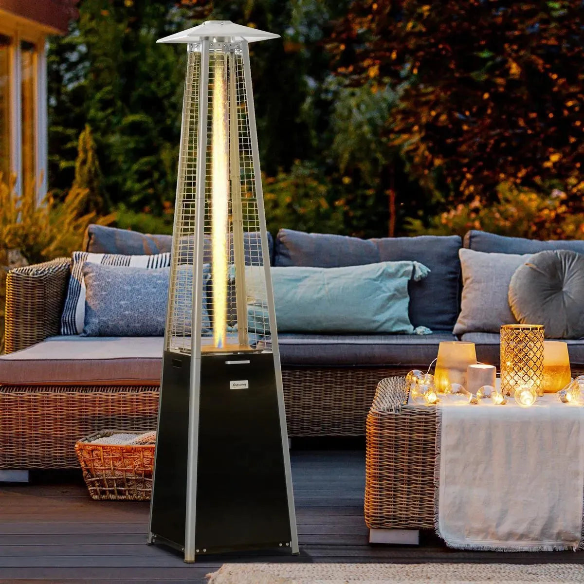 Outdoor Patio Gas Heater 11.2kW Freestanding Pyramid Propane Heater with Wheels Dust Cover Regulator Hose Black 50x50x225cm