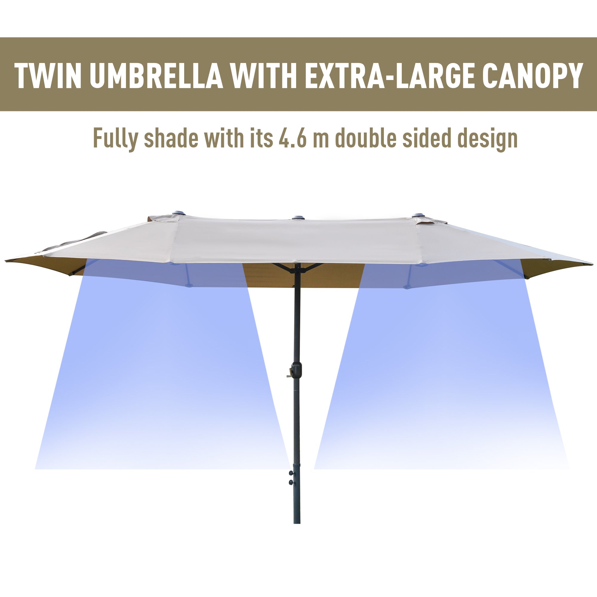 Double-Sided Sun Umbrella Canopy 4.6m Crank Shade with Cross Base, Khaki