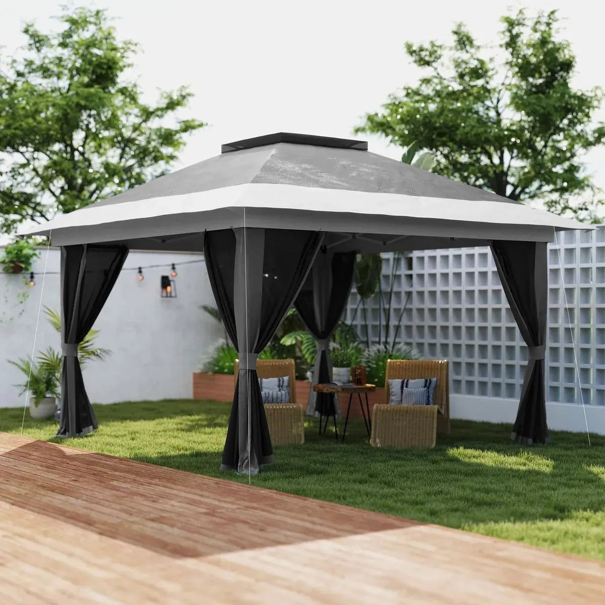 Octagonal Garden Gazebo, 8-Sided, 6.8×5 m, White Heavy Duty Metal Frame Outdoor Marquee Party & Wedding Canopy