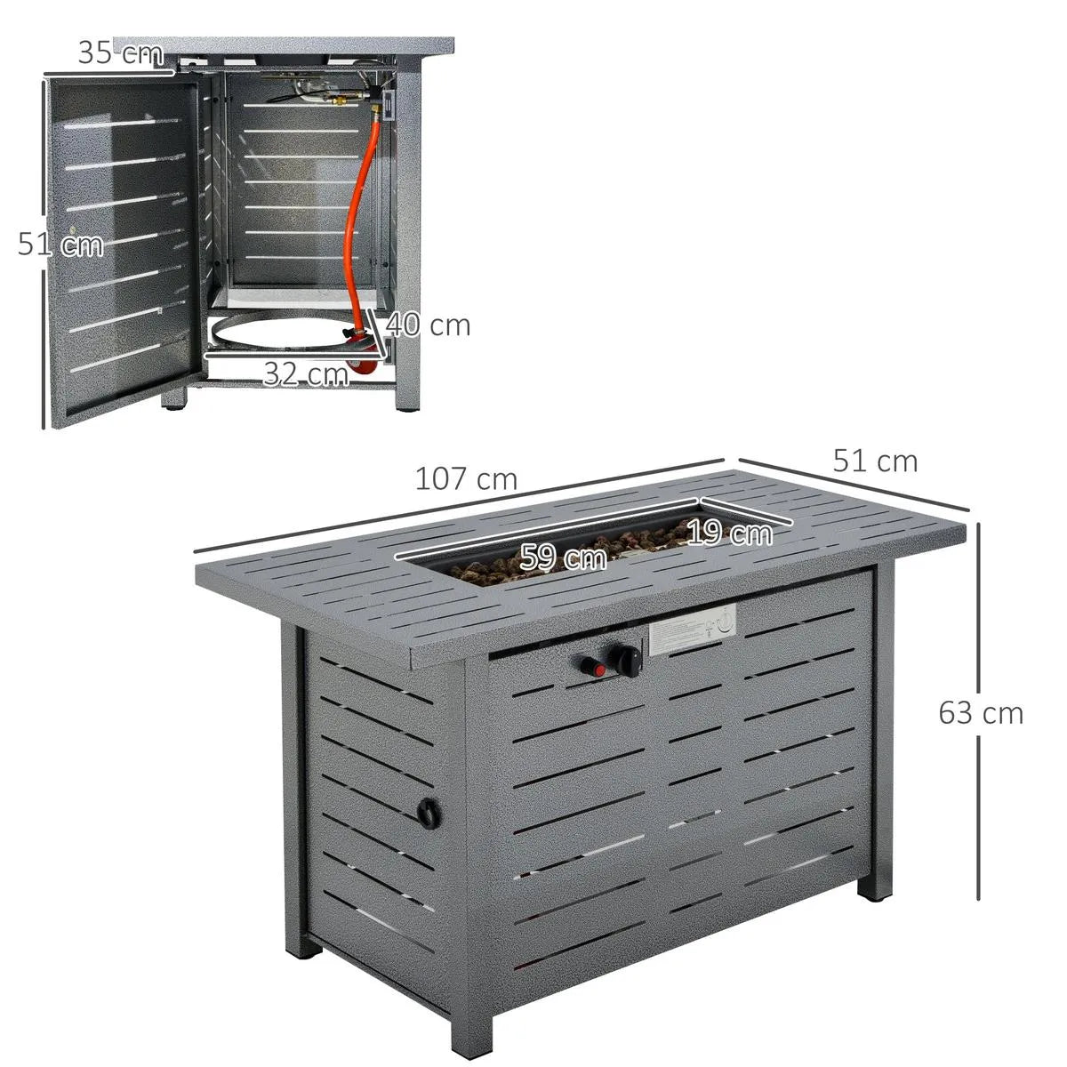 Gas Fire Pit Table, 50,000 BTU, 107×51×63cm, Silver Grey, Smokeless with Protective Cover, Lava Rocks and Lid for Outdoor Patio