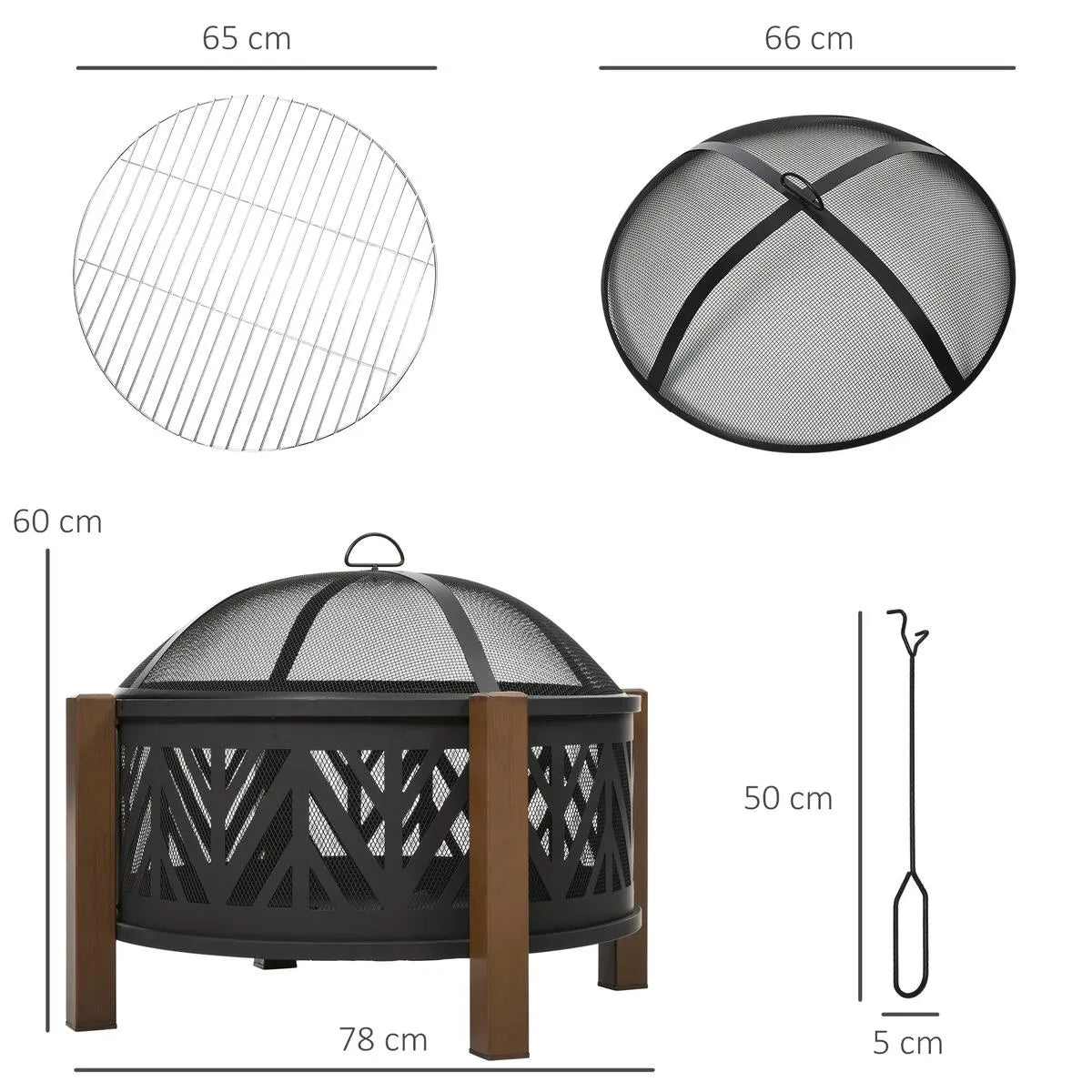 Round Fire Pit Metal Bowl 2-in-1 Brazier, 78×78×60cm, Black, Outdoor with Lid, BBQ Grill, Poker for Backyard Camping Bonfire Wood Burning Stove