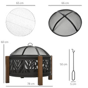 Round Fire Pit Metal Bowl 2-in-1 Brazier, 78×78×60cm, Black, Outdoor with Lid, BBQ Grill, Poker for Backyard Camping Bonfire Wood Burning Stove