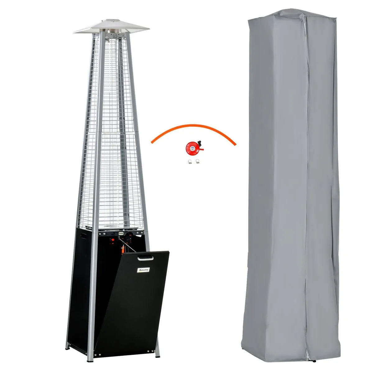 Outdoor Patio Gas Heater 11.2kW Freestanding Pyramid Propane Heater with Wheels Dust Cover Regulator Hose Black 50x50x225cm