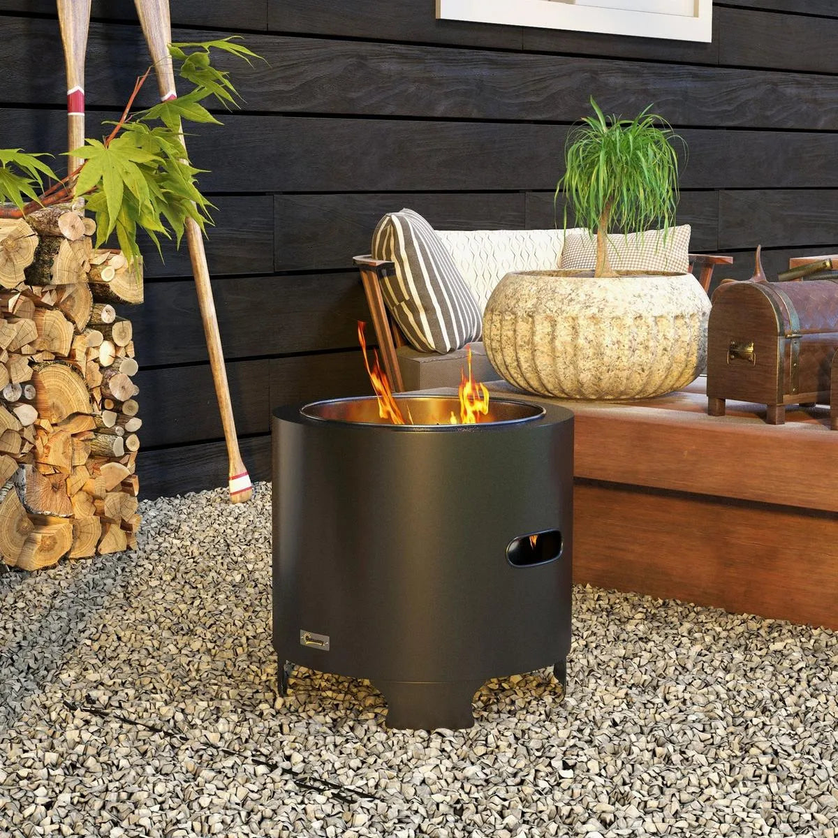 Smokeless Fire Pit Portable Wood Burning, 45cm, Black, Round Metal Bonfire Stove with Poker for Garden Camping