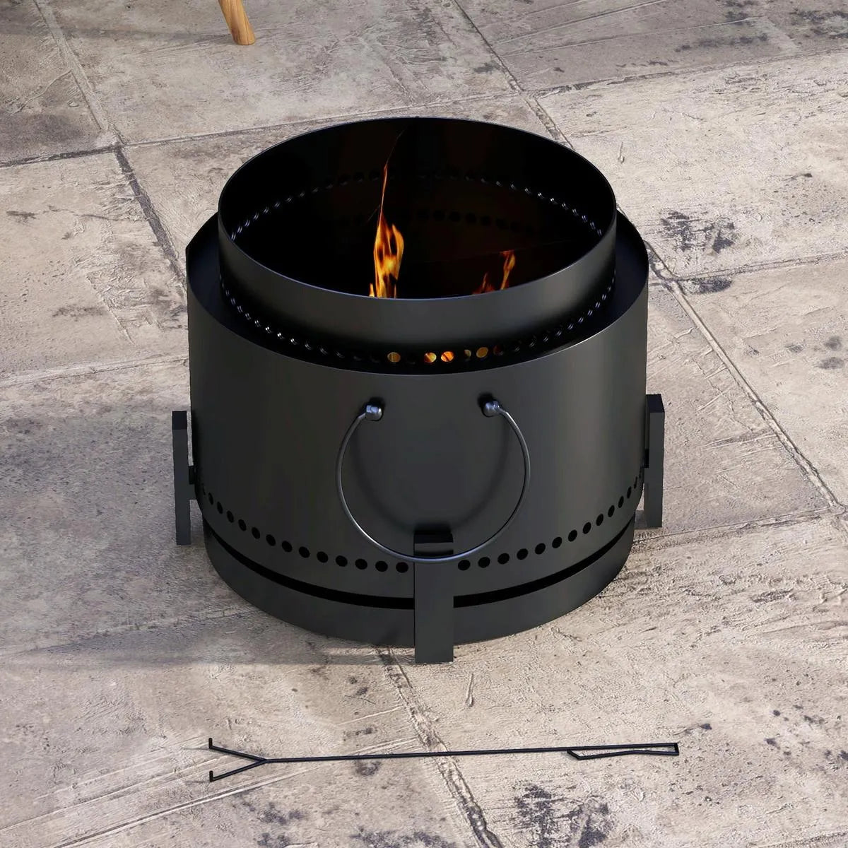 Smokeless Fire Pit Portable Wood Burning with Ash Catcher, 37cm, Black with Poker for Garden Camping Bonfire Party