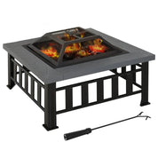 Square Fire Pit Metal Brazier, 86×86×54cm, Black, Outdoor with Rain Cover, Lid, Log Grate, Poker for Backyard Camping BBQ Bonfire Wood Burning Stove