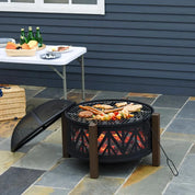 Round Fire Pit Metal Bowl 2-in-1 Brazier, 78×78×60cm, Black, Outdoor with Lid, BBQ Grill, Poker for Backyard Camping Bonfire Wood Burning Stove