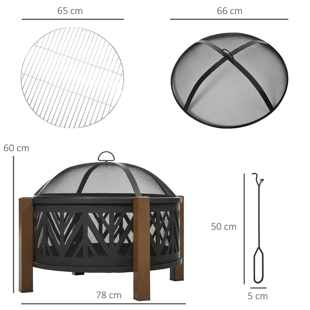 Round Fire Pit Metal Bowl 2-in-1 Brazier, 78×78×60cm, Black, Outdoor with Lid, BBQ Grill, Poker for Backyard Camping Bonfire Wood Burning Stove