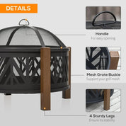 Round Fire Pit Metal Bowl 2-in-1 Brazier, 78×78×60cm, Black, Outdoor with Lid, BBQ Grill, Poker for Backyard Camping Bonfire Wood Burning Stove