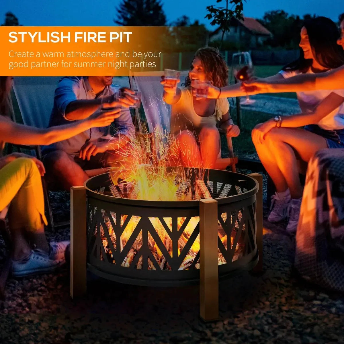 Round Fire Pit Metal Bowl 2-in-1 Brazier, 78×78×60cm, Black, Outdoor with Lid, BBQ Grill, Poker for Backyard Camping Bonfire Wood Burning Stove