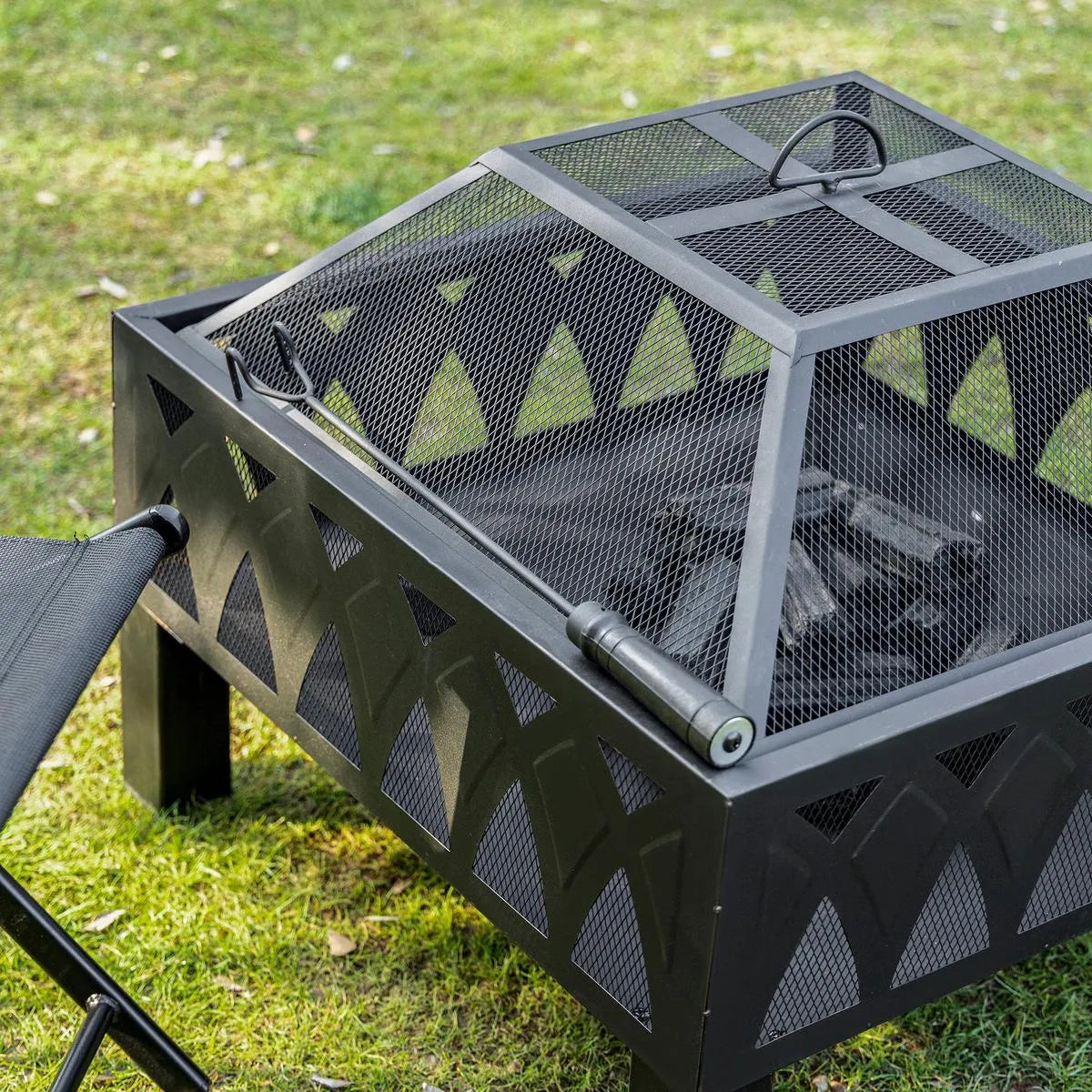 Fire Pit Outdoor, 66cm, Black, with Screen Cover and Poker for Patio Backyard Wood Burner Firepit Bowl