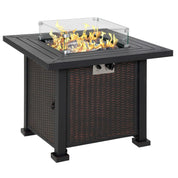 Gas Fire Pit Table Square Propane, 50,000 BTU, 81×81×64cm, Black, Rattan Smokeless with Glass Screen, Glass Beads and Lid for Patio