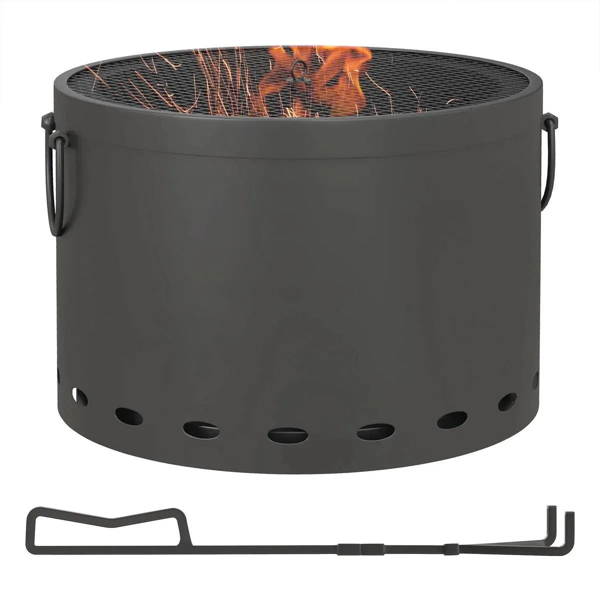 Smokeless Fire Pit Portable Wood Burning, 38cm, Dark Grey with Spark Screen and Poker for Garden Patio Picnic Bonfire Stove