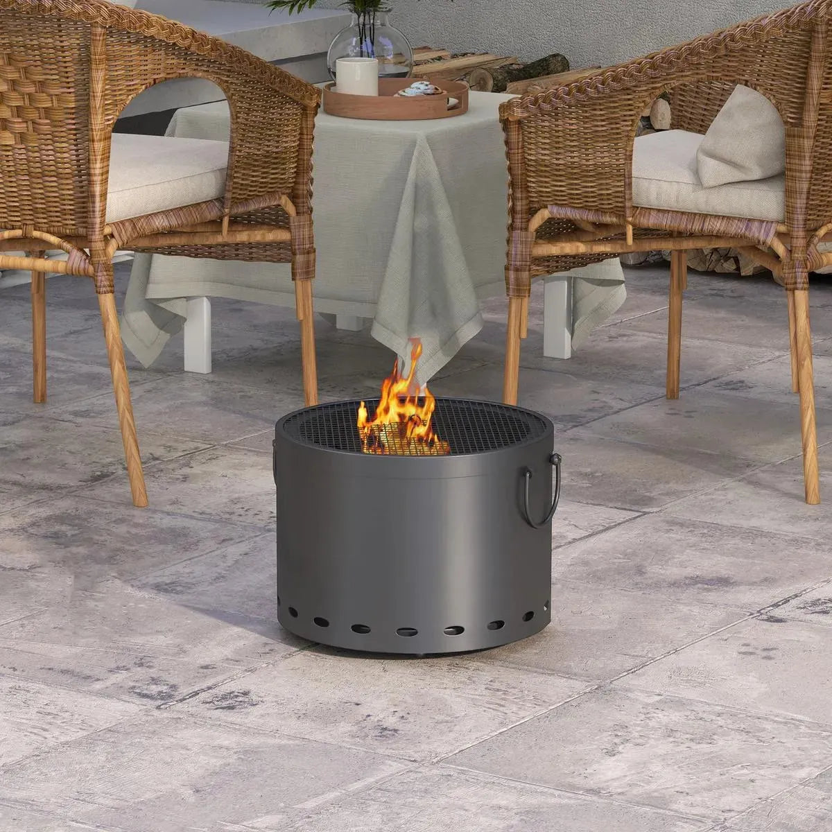 Smokeless Fire Pit Portable Wood Burning, 38cm, Dark Grey with Spark Screen and Poker for Garden Patio Picnic Bonfire Stove