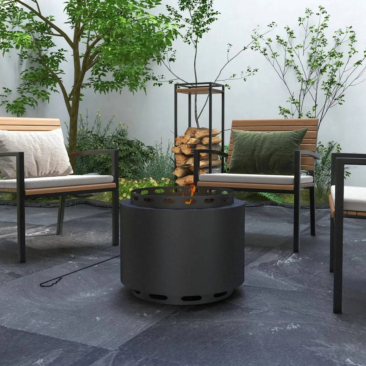 Smokeless Fire Pit Portable Wood Burning, 48.5cm, Black with Poker for Garden Camping Bonfire Party
