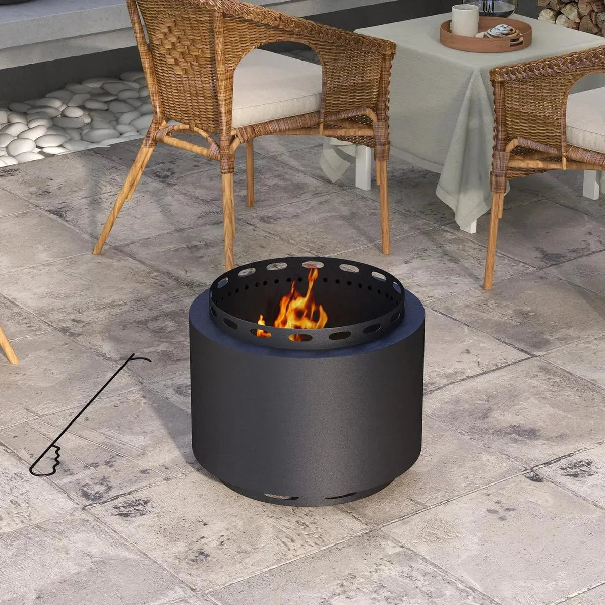 Smokeless Fire Pit Portable Wood Burning, 48.5cm, Black with Poker for Garden Camping Bonfire Party