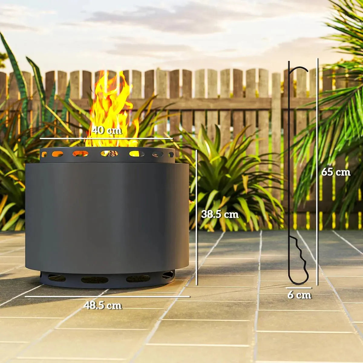Smokeless Fire Pit Portable Wood Burning, 48.5cm, Dark Grey with Poker for Garden Camping Bonfire Party
