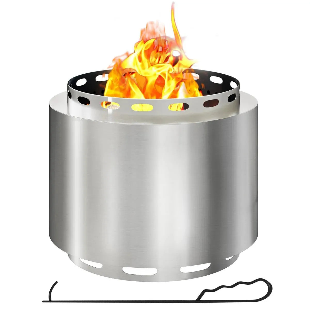 Smokeless Fire Pit Portable Wood Burning, 48.5cm, Silver Stainless Steel with Poker for Garden Camping Bonfire Party