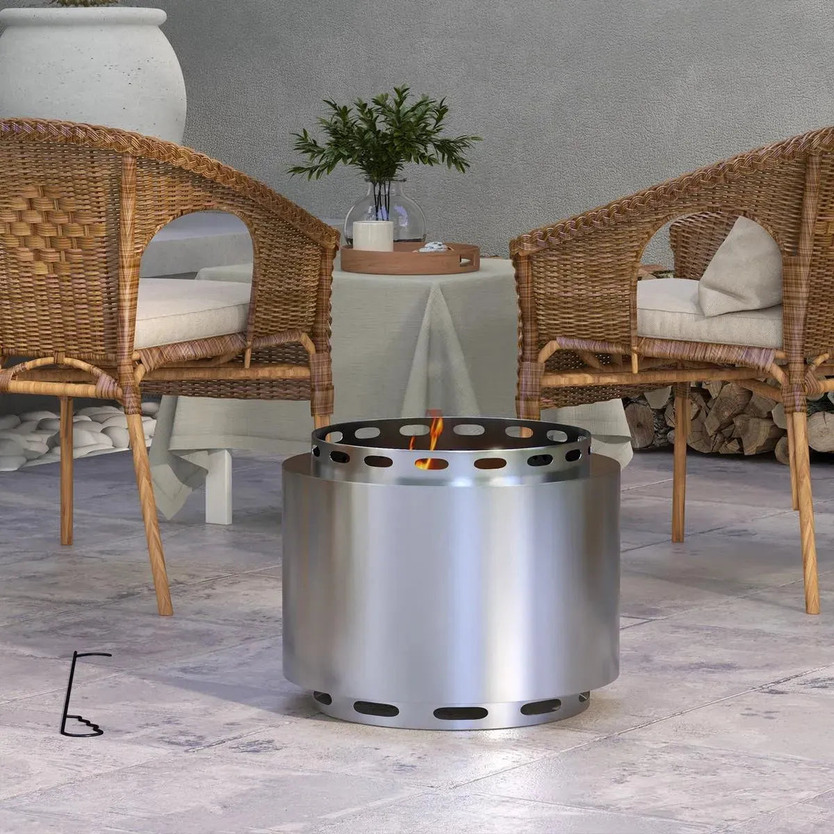 Smokeless Fire Pit Portable Wood Burning, 48.5cm, Silver Stainless Steel with Poker for Garden Camping Bonfire Party