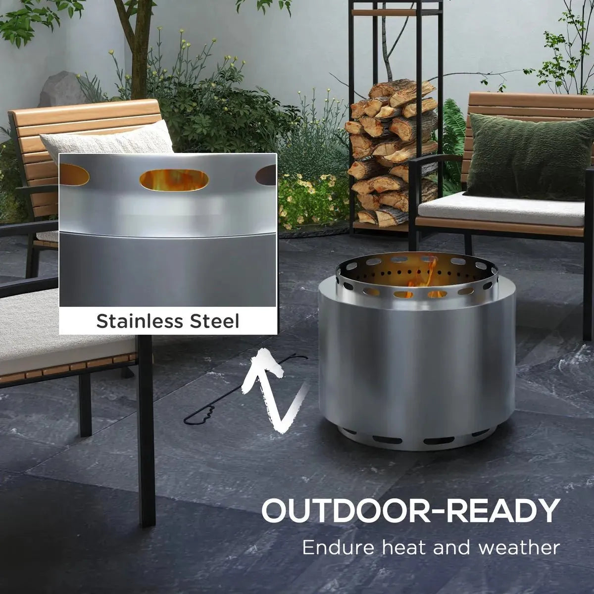 Smokeless Fire Pit Portable Wood Burning, 48.5cm, Silver Stainless Steel with Poker for Garden Camping Bonfire Party