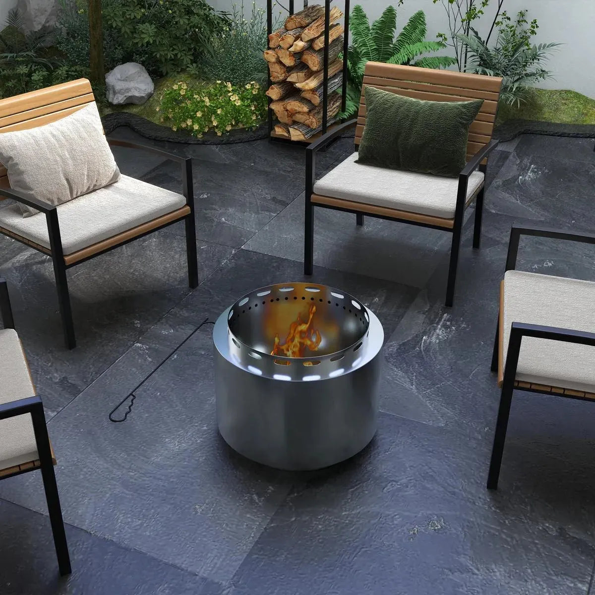 Smokeless Fire Pit Portable Wood Burning, 48.5cm, Silver Stainless Steel with Poker for Garden Camping Bonfire Party