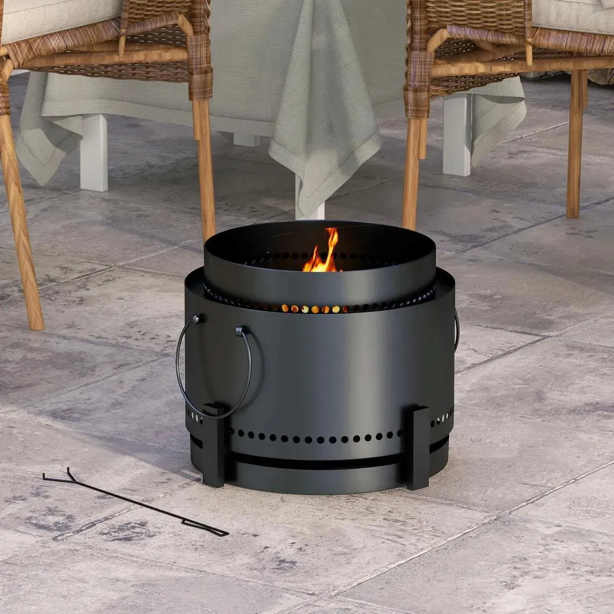 Smokeless Fire Pit Portable Wood Burning with Ash Catcher, 37cm, Black with Poker for Garden Camping Bonfire Party