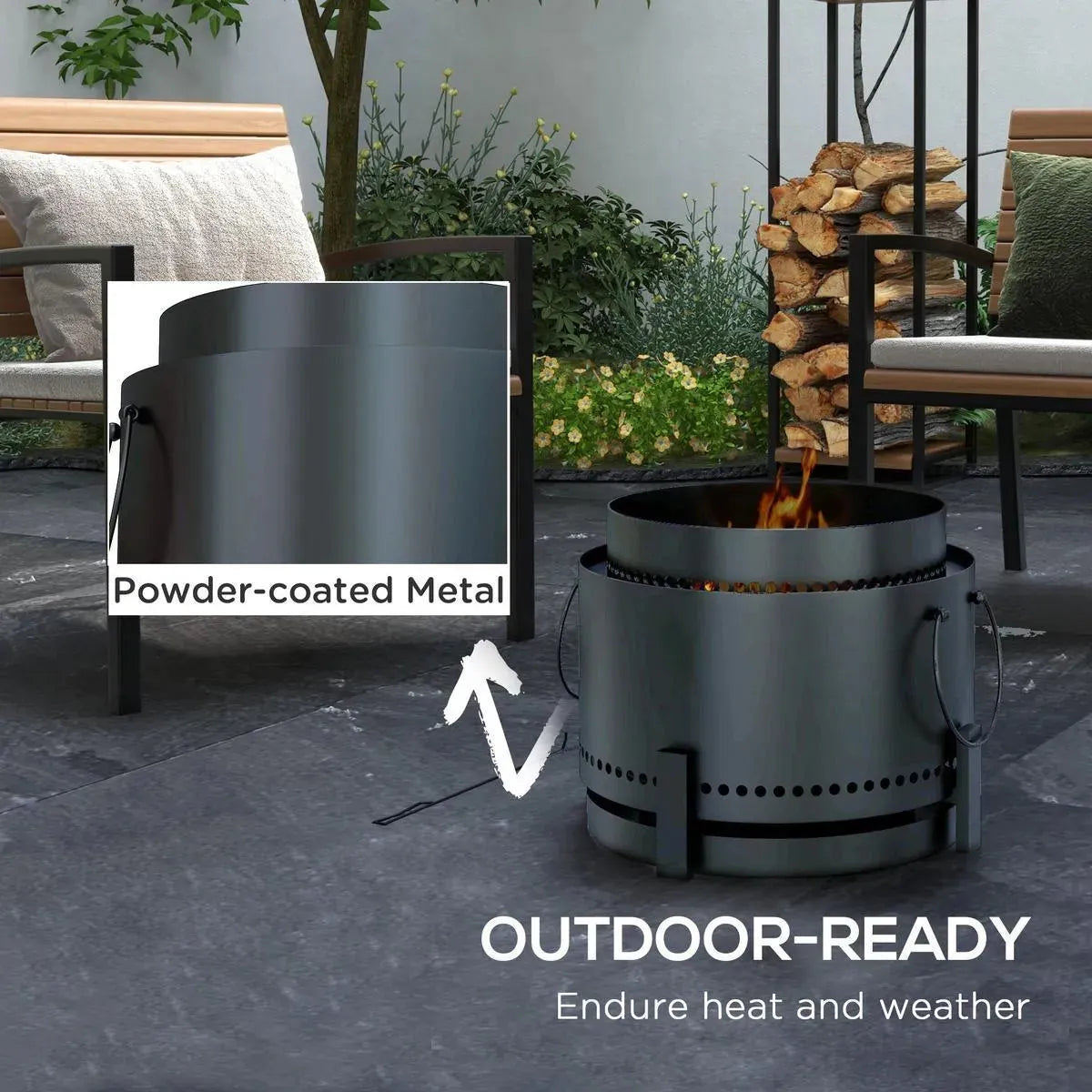 Smokeless Fire Pit Portable Wood Burning with Ash Catcher, 37cm, Black with Poker for Garden Camping Bonfire Party