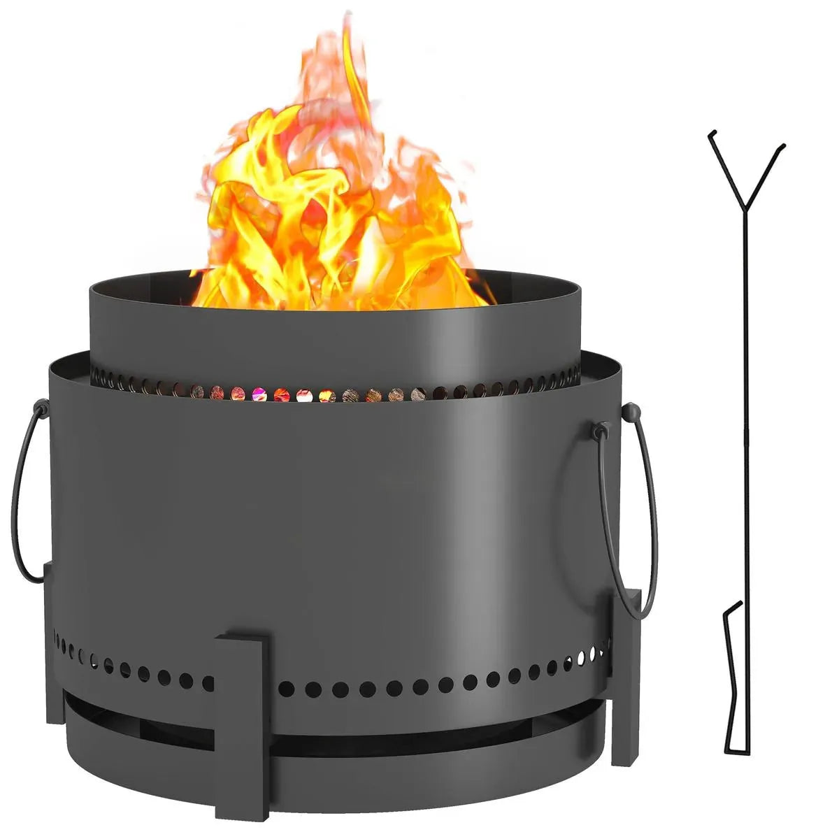 Smokeless Fire Pit Portable Wood Burning with Ash Catcher, 37cm, Dark Grey with Poker for Garden Camping Bonfire Party