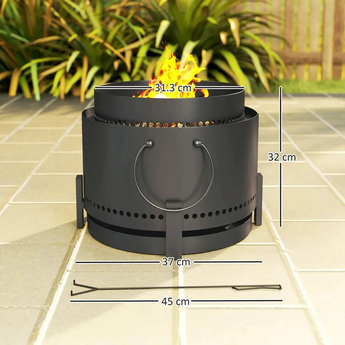Smokeless Fire Pit Portable Wood Burning with Ash Catcher, 37cm, Dark Grey with Poker for Garden Camping Bonfire Party