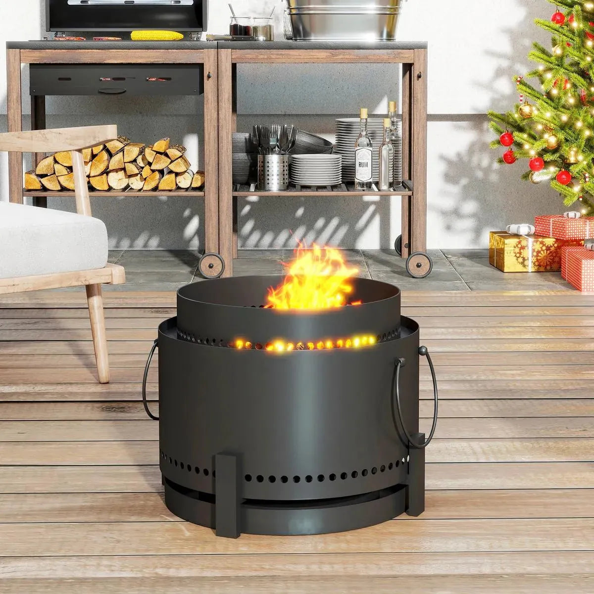 Smokeless Fire Pit Portable Wood Burning with Ash Catcher, 37cm, Dark Grey with Poker for Garden Camping Bonfire Party