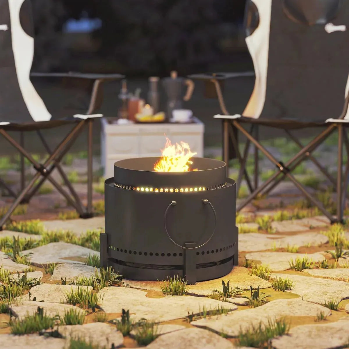 Smokeless Fire Pit Portable Wood Burning with Ash Catcher, 37cm, Dark Grey with Poker for Garden Camping Bonfire Party