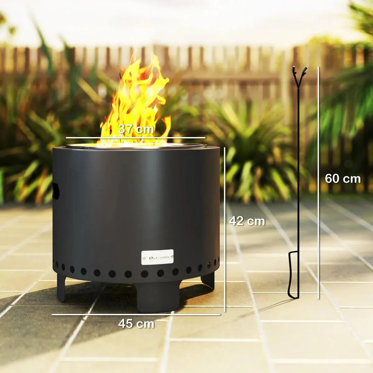 Smokeless Fire Pit Steel with Poker, Grey