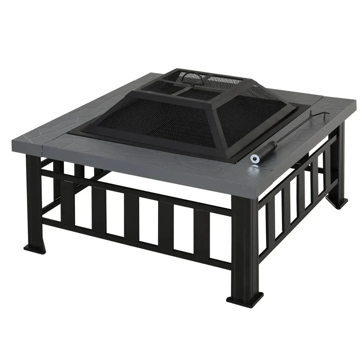 Square Fire Pit Metal Brazier, 86×86×54cm, Black, Outdoor with Rain Cover, Lid, Log Grate, Poker for Backyard Camping BBQ Bonfire Wood Burning Stove