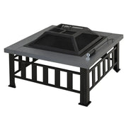 Square Fire Pit Metal Brazier, 86×86×54cm, Black, Outdoor with Rain Cover, Lid, Log Grate, Poker for Backyard Camping BBQ Bonfire Wood Burning Stove