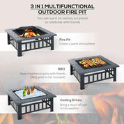 Square Fire Pit Metal Brazier, 86×86×54cm, Black, Outdoor with Rain Cover, Lid, Log Grate, Poker for Backyard Camping BBQ Bonfire Wood Burning Stove