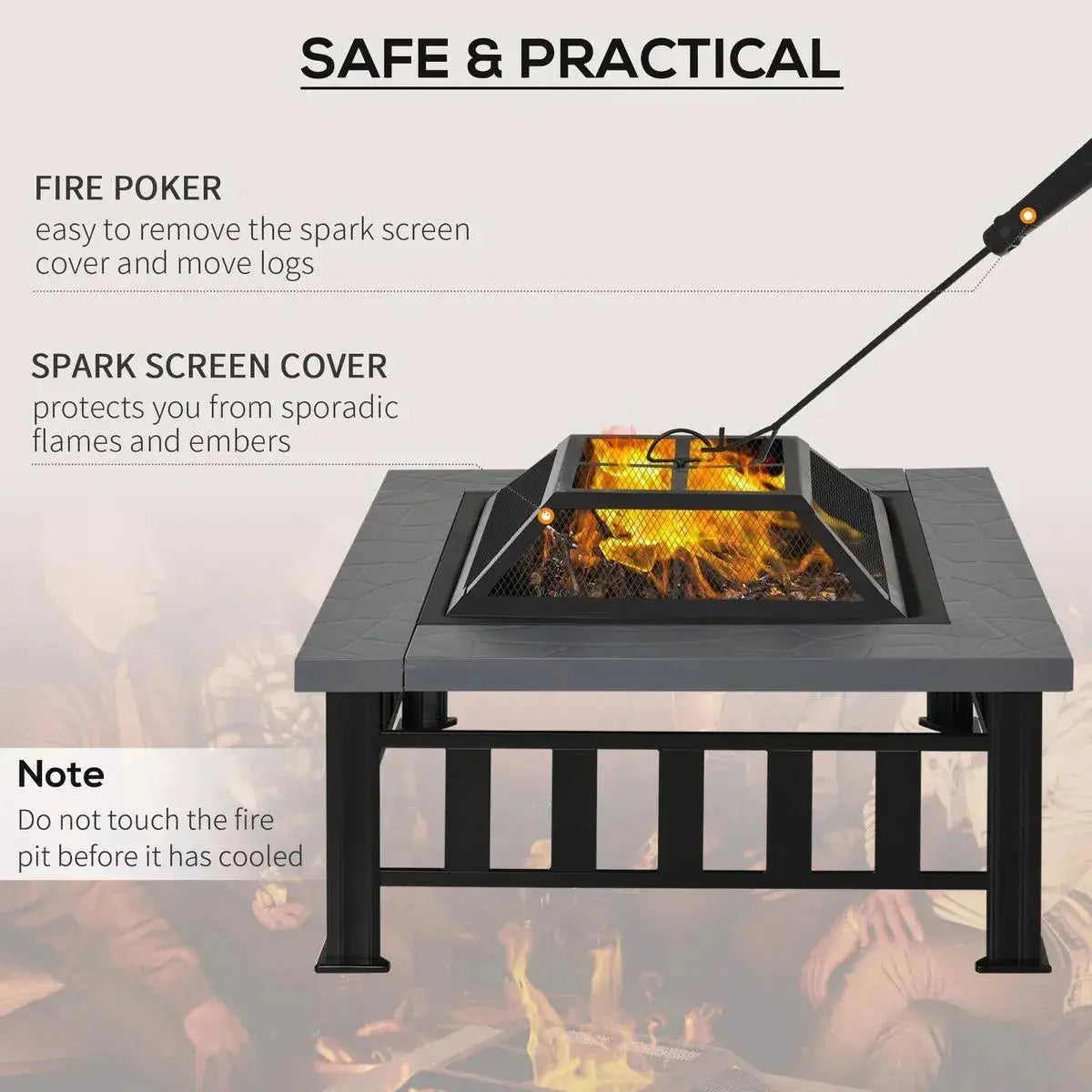 Square Fire Pit Metal Brazier, 86×86×54cm, Black, Outdoor with Rain Cover, Lid, Log Grate, Poker for Backyard Camping BBQ Bonfire Wood Burning Stove