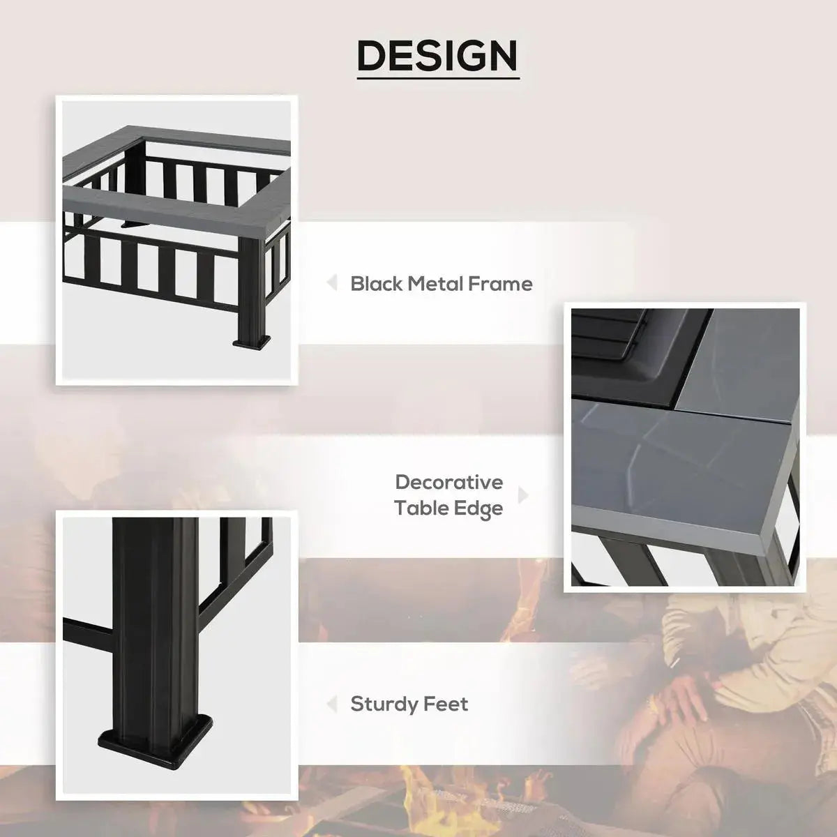 Square Fire Pit Metal Brazier, 86×86×54cm, Black, Outdoor with Rain Cover, Lid, Log Grate, Poker for Backyard Camping BBQ Bonfire Wood Burning Stove