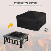 Square Fire Pit Metal Brazier, 86×86×54cm, Black, Outdoor with Rain Cover, Lid, Log Grate, Poker for Backyard Camping BBQ Bonfire Wood Burning Stove