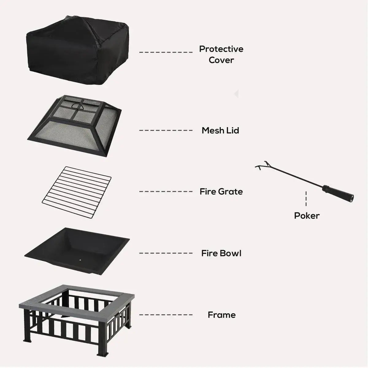 Square Fire Pit Metal Brazier, 86×86×54cm, Black, Outdoor with Rain Cover, Lid, Log Grate, Poker for Backyard Camping BBQ Bonfire Wood Burning Stove