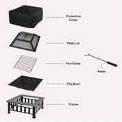 Square Fire Pit Metal Brazier, 86×86×54cm, Black, Outdoor with Rain Cover, Lid, Log Grate, Poker for Backyard Camping BBQ Bonfire Wood Burning Stove