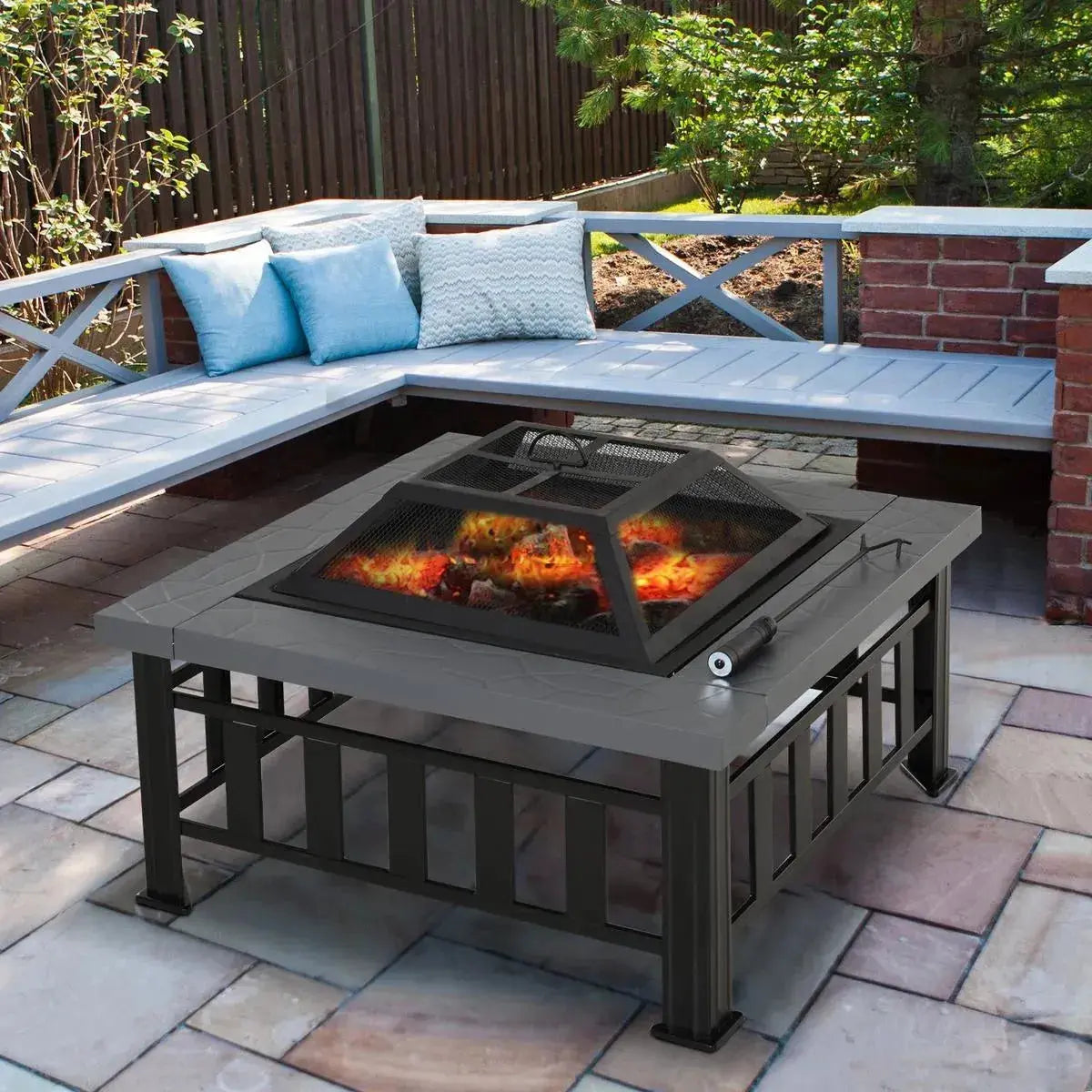 Square Fire Pit Metal Brazier, 86×86×54cm, Black, Outdoor with Rain Cover, Lid, Log Grate, Poker for Backyard Camping BBQ Bonfire Wood Burning Stove
