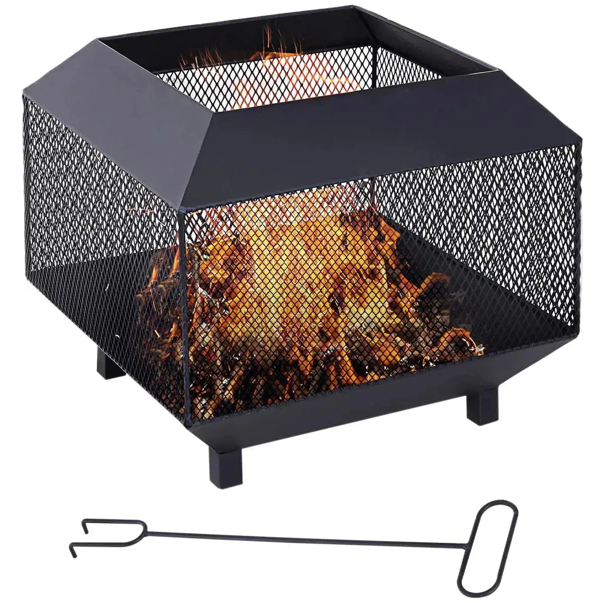 Square Fire Pit Metal Mesh Brazier, 44×44×40cm, Black, Outdoor with Lid, Log Grate, Poker for Backyard Camping Bonfire Wood Burning Stove