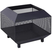Square Fire Pit Metal Mesh Brazier, 44×44×40cm, Black, Outdoor with Lid, Log Grate, Poker for Backyard Camping Bonfire Wood Burning Stove